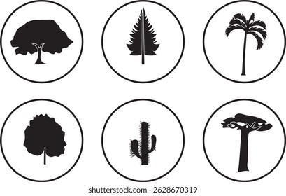 Conjunto de seis ícones de silhueta de árvore em quadros circulares, incluindo estilos de cacto, palma, pinheiro e folha larga. Ideal para a natureza, eco, silvicultura, paisagismo e temas botânicos.