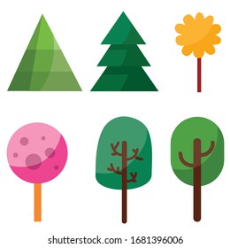 set of six trees in different colors in a flat style for illustrations and games, isolated object on a white background, vector illustration