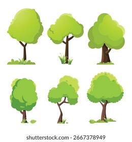 A set of six trees with green leaves and brown trunks. The trees are all different sizes and are scattered throughout the image