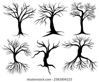Set of six trees silhouettes vector isolated on white background. Old tree with roots. Illustration of dead black bare tree. Collection of tall tree clipart. Suitable for ecology, logo, environment 