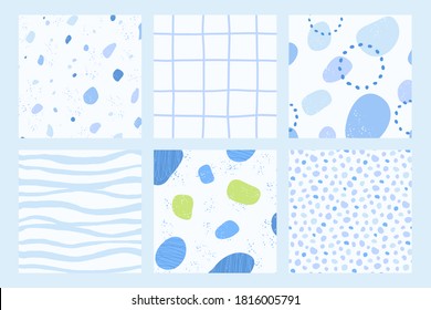 Set of six trendy vector seamless patterns. Hand drawn various shapes and doodle objects. Abstract contemporary modern illustration. Stamp texture. Every pattern is isolated.
