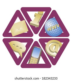 set of six trianglular contact icons on white isolated background