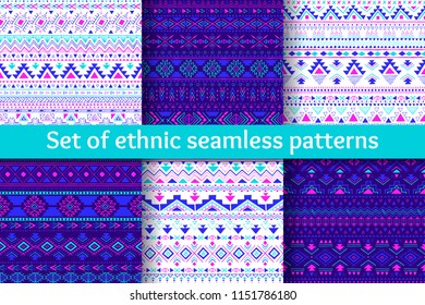 Set of six tribal seamless patterns. Geometric backgrounds in blue, violet, pink colors. Stylish navajo design. Modern hand drawn abstract cards. Vector illustration.