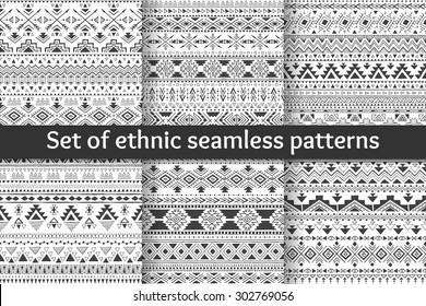 Set of six tribal seamless patterns. Black-white aztec geometric backgrounds. Stylish navajo design. Modern hand drawn abstract cards. Vector illustration.