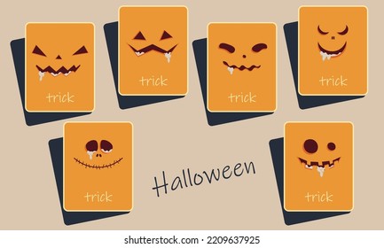 A set of six trick card illustrations with various evil faces cut out with eyes, noses and mouths oozing liquid. Isolated vector image on the theme of Halloween on a brown background..