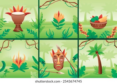 Un conjunto de seis ilustraciones de temática tropical con un tambor, una flor tropical, un cuenco de fruta, un fuego, una máscara tribal con una lanza y una palmera, todo sobre un fondo de selva.