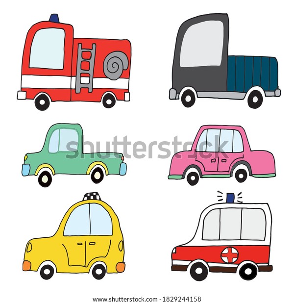 set with six types of cars in\
different colors. Vector drawing. Fire truck, taxi, pink passenger\
car, green passenger car, yellow taxi, ambulance, truck. For\
kids.