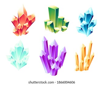 Set Of Six Types Different Colored Shine Mineral Ore Flat Vector Illustration Isolated On White Background