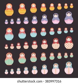 Set of six types of Russian dolls different sizes from large to small - flat style simple vector illustration on dark background