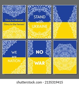 Set of six Ukraine national flag paper frames with floral swirl patterns. Ukrainian support text for patriotic designs wallpaper