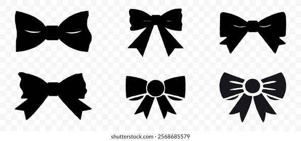 Set of Six Unique Black Bow Silhouettes in Various Styles and Shapes for Design and Decoration Purposes.