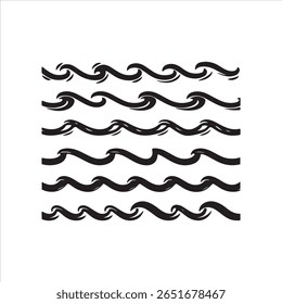 A set of six unique black wave patterns presented as decorative borders or dividers.