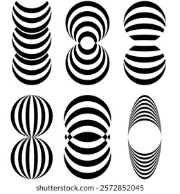 A set of six unique, black and white geometric shapes, featuring concentric lines and optical illusions.