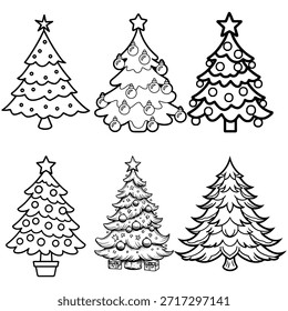 Un conjunto de seis esquemas únicos de árbol de Navidad en blanco y negro con estrellas y adornos. Estas ilustraciones limpias del arte de la línea son ideales para colorear los libros, la decoración minimalista de las vacaciones, y los iconos.
