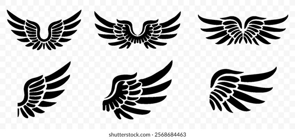 Set of Six Unique Black Wing Silhouettes for Design and Decoration on Transparent Background