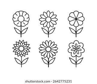 A set of six unique flower silhouettes, each with a distinctive line art style.  Perfect for adding a touch of floral elegance to your designs. The minimalist style makes them versatile for various