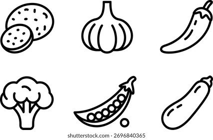 Un conjunto de seis iconos de línea únicos que representan la papa, el ajo, el chile, el brócoli, el guisante y el calabacín. Estos iconos son perfectos para su uso en una variedad de proyectos de diseño.