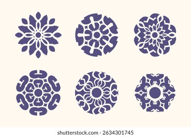 Um conjunto de seis desenhos de mandala únicos isolados em um fundo branco. Estes padrões geométricos decorativos são perfeitos para adicionar um toque ornamental a qualquer projeto.