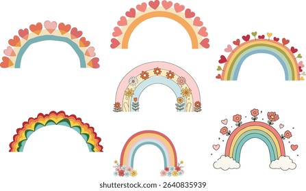 A set of six unique rainbow illustrations, each adorned with hearts, flowers, and clouds in a whimsical, colorful style.
