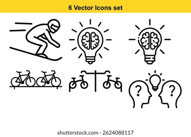 A set of six unique vector icons depicting snowboarding, brainpower, bicycles, idea generation, and collaborative problem-solving. Perfect for websites, apps, or presentations.