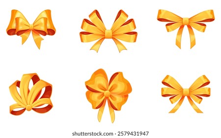 A set of six uniquely shaped golden bows of different lengths, displayed on a clean white canvas. This vector artwork provides high-quality realistic bows, perfect for posts, stories, and promotional 