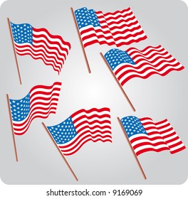 a set of six USA flags in various poses