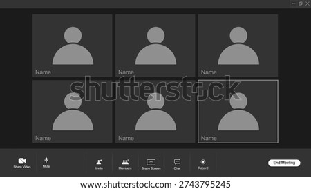 Set of six users video conference interface. online video call interface. video conference calls window. mobile, computer, laptop screen