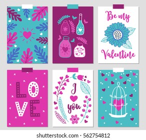 Set of six Valentine cards with branches, hearts, love drink, flower, floral wreath, phrase i love you and birdcage. Also perfect for wedding invitations