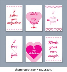 Set of six Valentine cards with gift, heart, floral branches and cupcakes. Also perfect for wedding invitations
