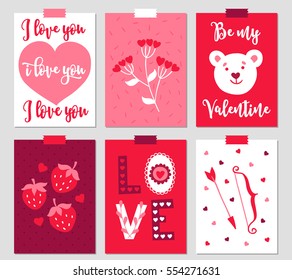 Set of six Valentine cards with heart, plant, teddy, strawberry, letters, bow and arrow. Also perfect for wedding invitations