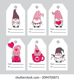 Set of six valentine gnome labels. Space for text