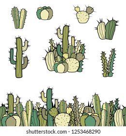 A set of six varieties of cacti, a group and a seamless border of colored cacti. Isolated illustration on white background.