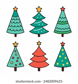 A set of six various Christmas trees decorated with stars on the top