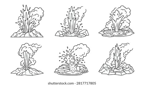 A set of six various geyser line art vector icon illustrations on a white background