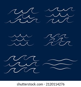 Set of six various simple minimalist waves water lake river logo vector illustration, bundle set collection package design on darkblue background
