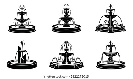 A set of six various water fountain silhouette vector illustration on a white background