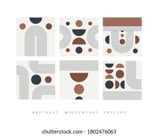 Set of six Vector Abstract Backgrounds. Mid-century style. Geometrical Design, line art. Minimalistic boho elegant concept. Square Patterns are isolated on white. Pastel colors. Poster templates