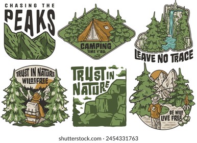 Set of six vector badges featuring outdoor and nature themes, with motivational phrases. Sticker pack travel for camping. Collection for hiking and camp. T-shirt print.