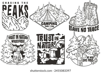 Conjunto de seis emblemas vetoriais com temas ao ar livre e da natureza, com frases motivacionais. Viagem de pacote de adesivo para acampar. Coleção para caminhadas e acampamento. Impressão em camiseta.