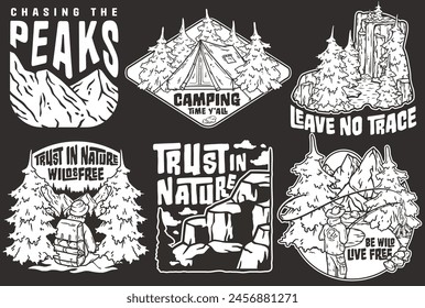 Set of six vector badges featuring outdoor and nature themes, with motivational phrases. Sticker pack travel for camping. Collection for hiking and camp. T-shirt print.