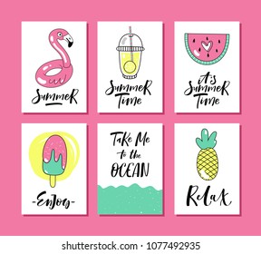 Set of six vector bright summer cards. Summer posters with pineapple, watermelon, ice cream, flamingo, lemonade and hand written text.