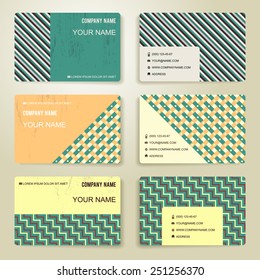 Set of six vector business card templates. Geometric blank layout. Company banner. Corporate background. Modern flat style.