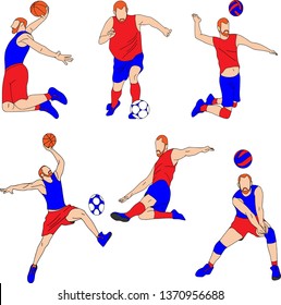 Set of six vector cartoon character of sportsman playing volleyball, basketball, football. Isolated on white background, full set