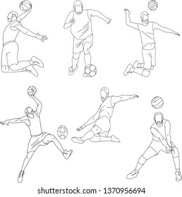 Set of six vector cartoon character of sportsman playing volleyball, basketball, football. Isolated on white background, full set, contour pattern