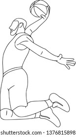 Set of six vector cartoon character of sportsman playing basketball. Isolated on white background, jumping. Contour pattern