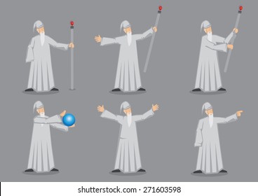 Set of six vector cartoon character of wizard with long white beard wearing long robe and pointed hat carrying props like magic staff and crystal ball isolated on grey background.