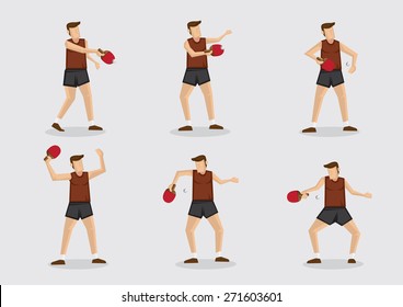 Set of six vector cartoon character of a table tennis sportsman in action with ping pong ball and bat isolated on plain background.
