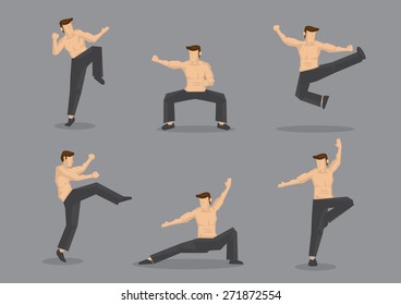 Set of six vector cartoon character of muscular topless man in various poses of Chinese style martial arts, also known as kungfu, isolated on plain grey background.