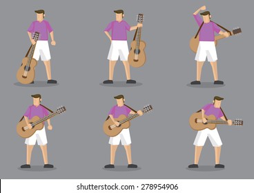 Set of six vector cartoon character of a guitarist playing music on acoustic guitar isolated on grey background.
