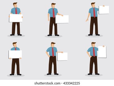 Set of six vector cartoon character illustrations of a male white-collar worker holding placard sign with copy space isolated on plain background.